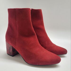 Portuguese Red Suede Leather & Snakeskin Block Heel Point Boots